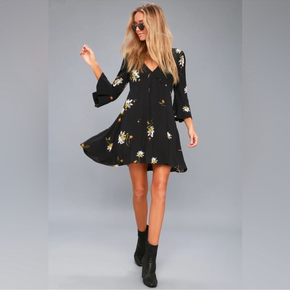 Free People Time On My Side Floral Black V Neck Faux Wrap Mini Dress